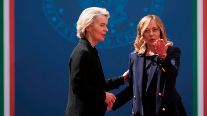 EU countries push for swift trade deal with Donald Trump European Commission president Ursula von der Leyen, left, and Italy’s PM Giorgia Meloni