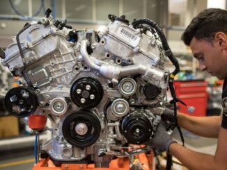 An employee works on a sports car engine at Lotus’s Hethel plant in Norfolk