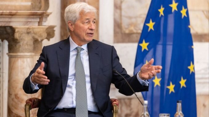 Jamie Dimon, chief executive officer of JPMorgan Chase, speaks during an event in Dublin, Ireland on July 10, 2025