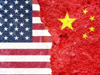 Illustration of United States and China flags painted on a cracked wall.