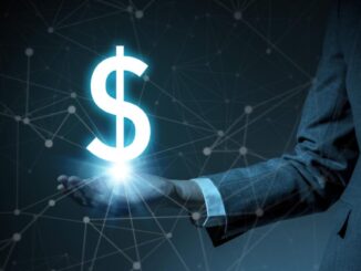 Illustration of a dollar symbol floating on a woman's hand