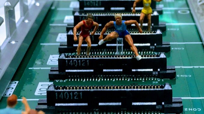 Figures hurdling on a computer board as while politicians tout AI’s promise of growth and efficiency, a new report reveals a public trust deficit in the technology.