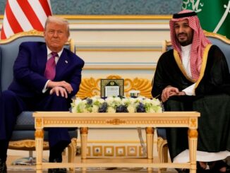 President Donald Trump and Saudi Crown Prince Mohammed bin Salman sit side by side during a meeting at the Royal Palace.
