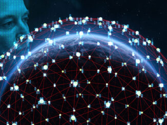 Illustration of Elon Musk in Space looking over a planet surrounded by satellites