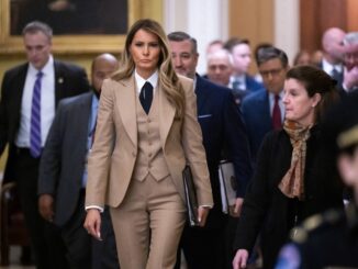 US First Lady Melania Trump walks to a meeting to urge passage of the Take It Down Act by the US Senate which protects victims of real and deepfake “revenge pornography” by criminalizing their publication.