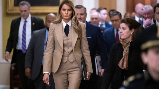 US First Lady Melania Trump walks to a meeting to urge passage of the Take It Down Act by the US Senate which protects victims of real and deepfake “revenge pornography” by criminalizing their publication.