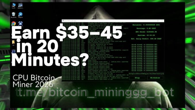 Earn $35–45 in 20 Minutes? Testing New CPU Bitcoin Miner 2026 – No GPU, No Rig Needed!
