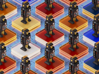 Illustration of Retro Robots on Glass Blocks -- AI coding Agents