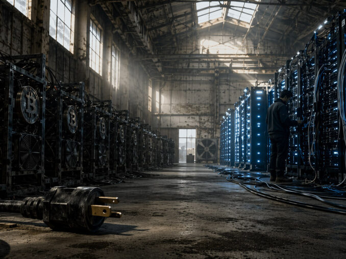 Bitcoin coin lodged in a deep crack between Wall Street and a rundown gas station street, symbolizing fragile markets as record highs clash with collapsing consumer confidence