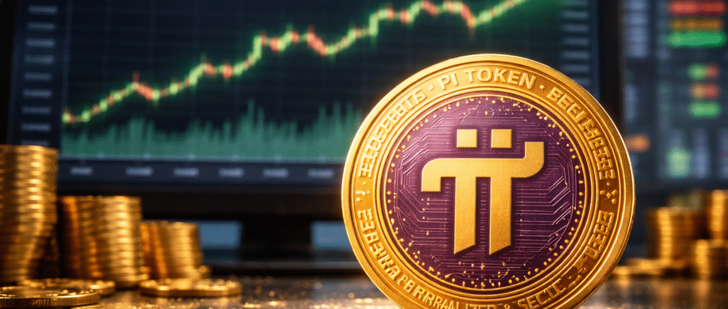 A bullish PI coin in front of a monitor