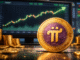 A bullish PI coin in front of a monitor