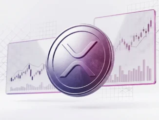 XRP coin with purple-magenta gradient lighting and abstract price chart visualization in studio setting