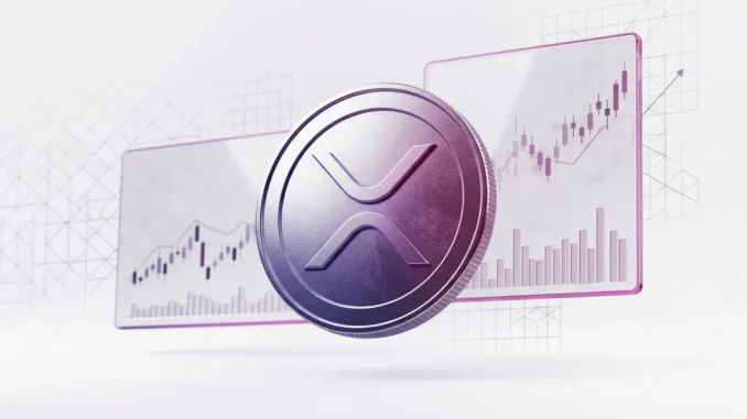 XRP coin with purple-magenta gradient lighting and abstract price chart visualization in studio setting
