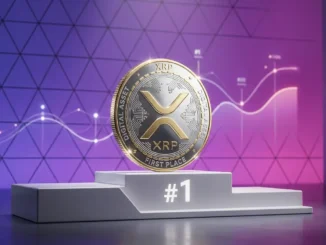 XRP cryptocurrency coin on podium with purple gradient background representing top blockchain ranking