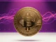 Bitcoin coin with purple and magenta network activity visualization showing bull phase signal