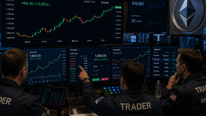 Traders analyzing a bullish ETH/USD chart