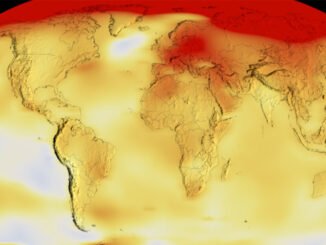 An image of the globe, with much of it colored red or orange to indicate high temperatures.