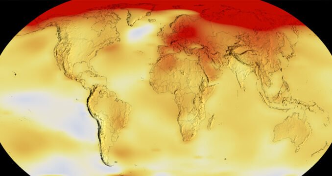 An image of the globe, with much of it colored red or orange to indicate high temperatures.