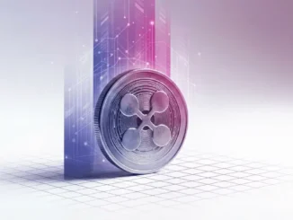 XRP cryptocurrency coin on white surface with purple-magenta gradient data visualization background