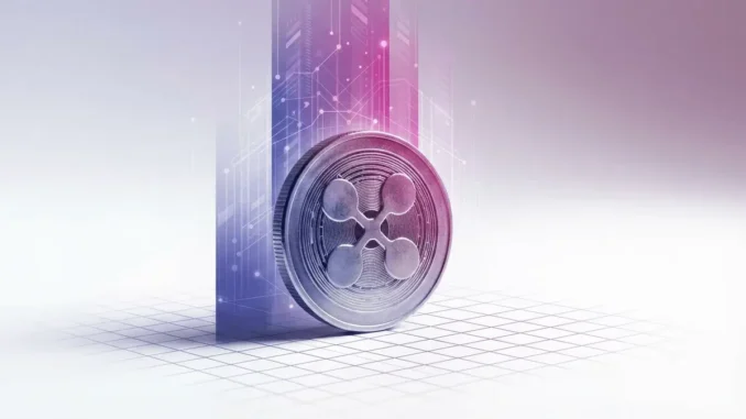 XRP cryptocurrency coin on white surface with purple-magenta gradient data visualization background