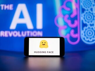 In this photo illustration, the Hugging Face logo seen displayed on a mobile phone screen with the AI (artificial intelligence) revolution symbol in the background.