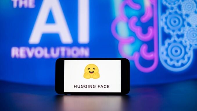 In this photo illustration, the Hugging Face logo seen displayed on a mobile phone screen with the AI (artificial intelligence) revolution symbol in the background.
