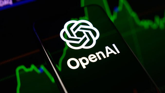 The OpenAI logo is displayed on a smartphone screen