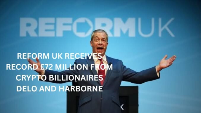 Reform UK receives record £72 Million from crypto billionaires Delo and Harborne