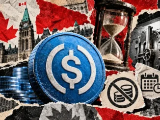 Editorial collage of a stablecoin symbol, Canadian Parliament, an hourglass, and a bank vault illustrating proposed redemption limits.