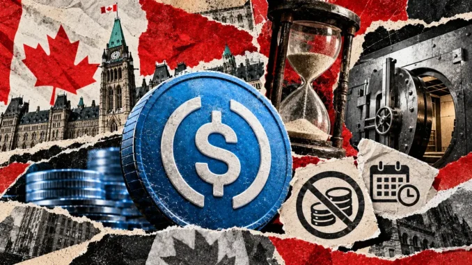 Editorial collage of a stablecoin symbol, Canadian Parliament, an hourglass, and a bank vault illustrating proposed redemption limits.